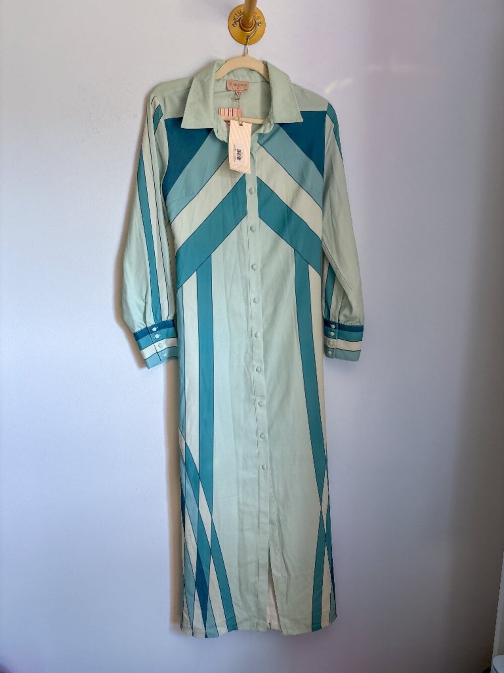 Ciebon Green & Blue Geometric Maxi Shirt Dress 🌊 | Belted Button Front (M) NWT - Picture 2 of 6